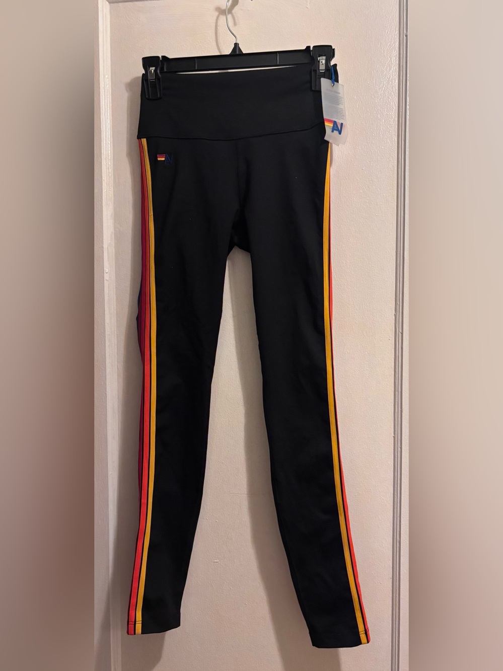 NWT Aviator Nation Black Rainbow Stripe Leggings Size S Made in USA